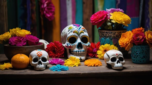 Colorful altar with candles skulls and flowers for Day of the Dead celebration