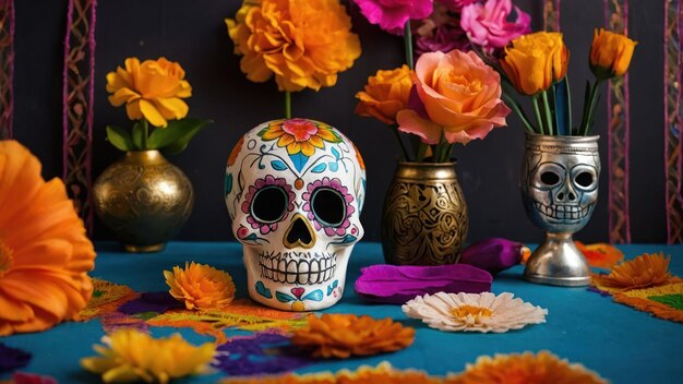 Colorful altar with candles skulls and flowers for Day of the Dead celebration