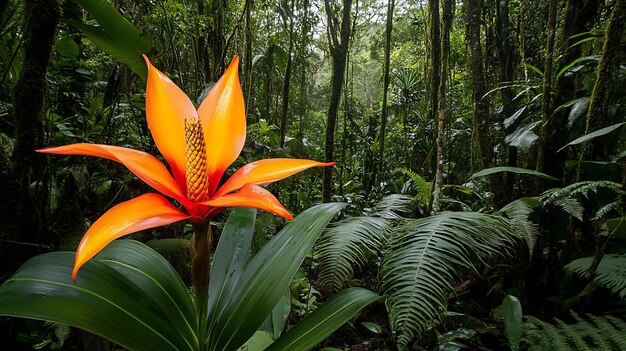 Photo a colorful amazonian flower blooming amidst thick jungle vegetation with ferns and vines