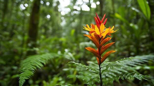 Photo a colorful amazonian flower blooming amidst thick jungle vegetation with ferns and vines