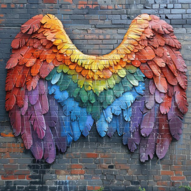 Photo colorful angel wings mural on brick wall