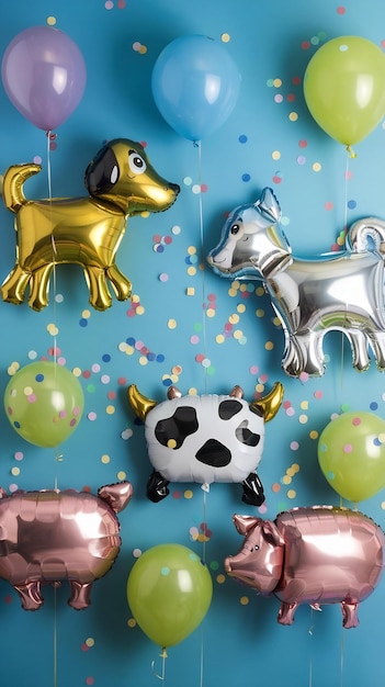 Photo colorful animal balloons with confetti falling against a blue background