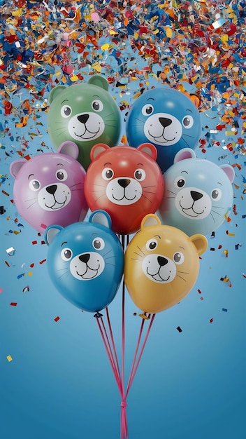 Photo colorful animal balloons with confetti falling against a blue background