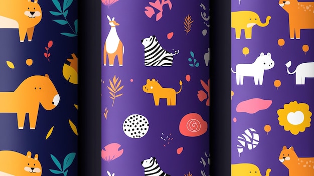 Colorful animal patterns on purple background featuring lions elephants zebras and various plants