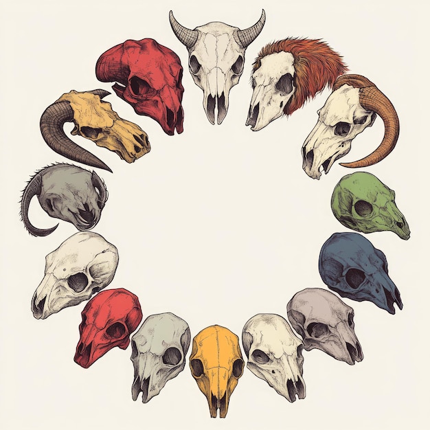 Photo colorful animal skulls arranged in a circular frame