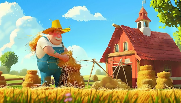 Photo colorful animated barnyard with a farmer stacking hay