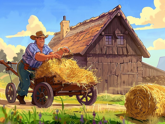 Photo colorful animated farmer loading hay onto a cart rustic setting