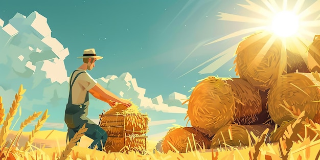 Colorful animated farmer stacking hay under a bright sun vivid and clean