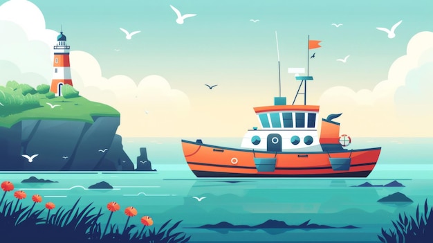 Photo colorful animated illustration of a small fishing boat at sea near a lighthouse and flowers