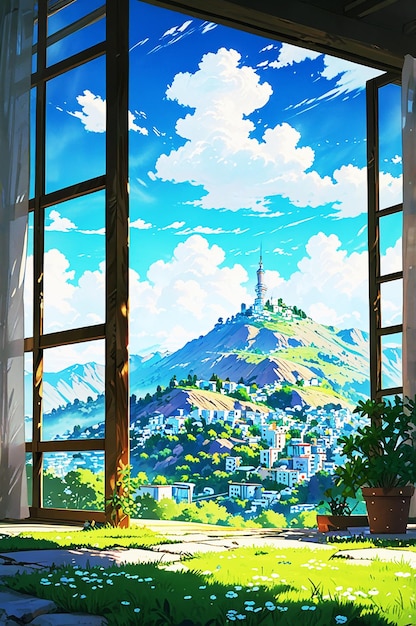 Colorful anime city scene with a church on a hill and lively architecture