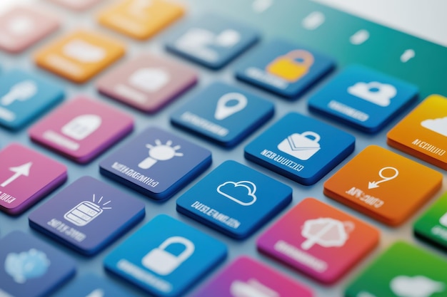 Photo colorful app icons on a digital interface showcasing various functions and features