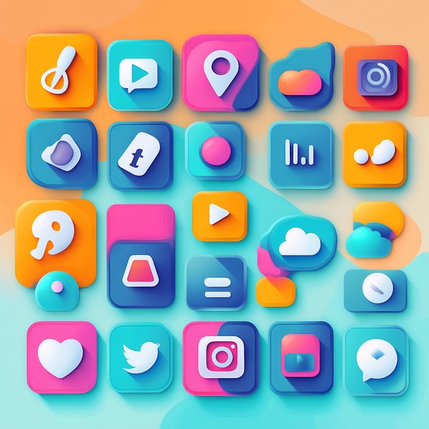 Colorful App Icons with Long Shadows on Abstract Background