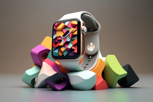 A colorful apple watch sits among colorful objects.