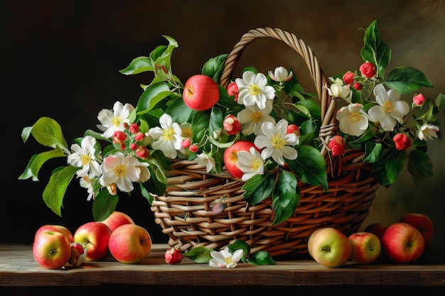 Colorful Apple with flowers in basket Generate Ai