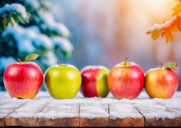 Colorful apples lay on a wooden table covered with snow