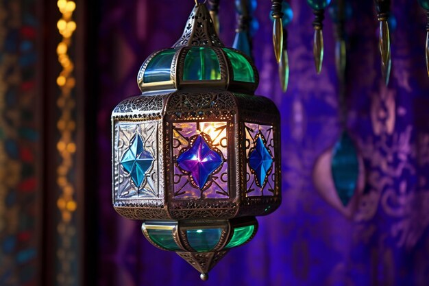 Colorful Arabic lamps hanging on the ceiling Ramadan Kareem background