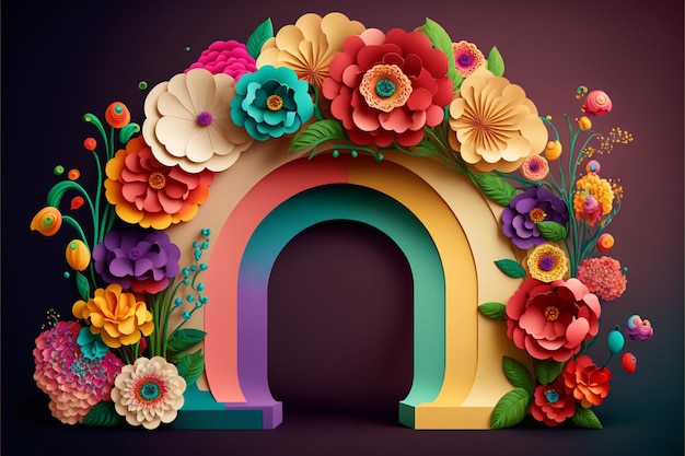 Colorful arch made out of paper flowers generative ai