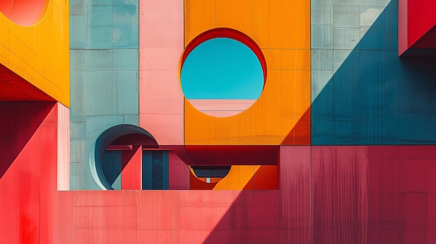 Colorful architectural facade with circles and geometric shadows