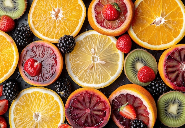 A Colorful Arrangement of Citrus Fruits Berries and Kiwi