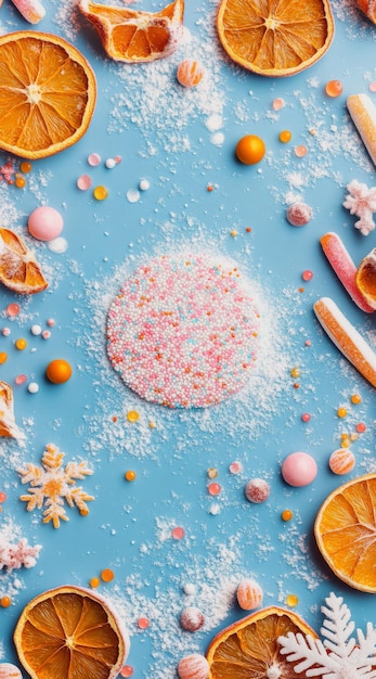 Photo colorful arrangement of dried oranges and candies on a blue background with powdered sugar