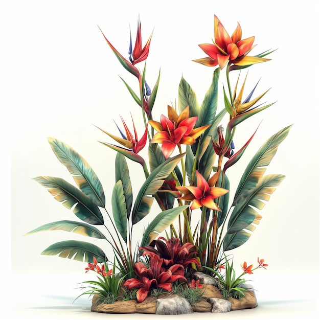 A colorful arrangement of flowers and leaves on a rock