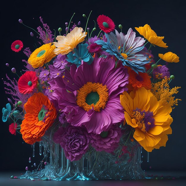 A Colorful arrangement of flowers with liquid splashes