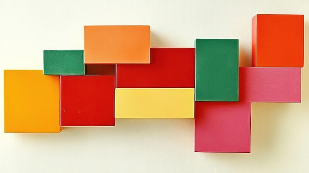 A colorful arrangement of geometric blocks on a wall serving as decorative art