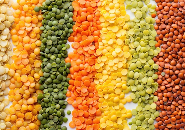 Colorful arrangement of lentils in various shades on a white background showcasing vibrant colors like green orange yellow and brown