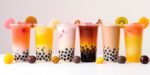 Colorful arrangement of milky fruit flavored bubble tea on white background Assorted glasses hold