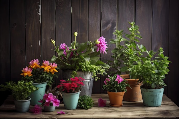 A colorful arrangement of potted plants on a wooden table