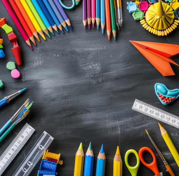 Colorful arrangement of school supplies on a chalkboard background