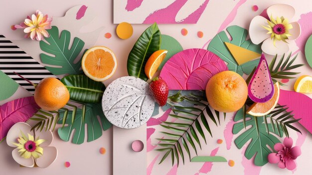 Photo a colorful arrangement of tropical fruits flowers and leaves on a pink and green background