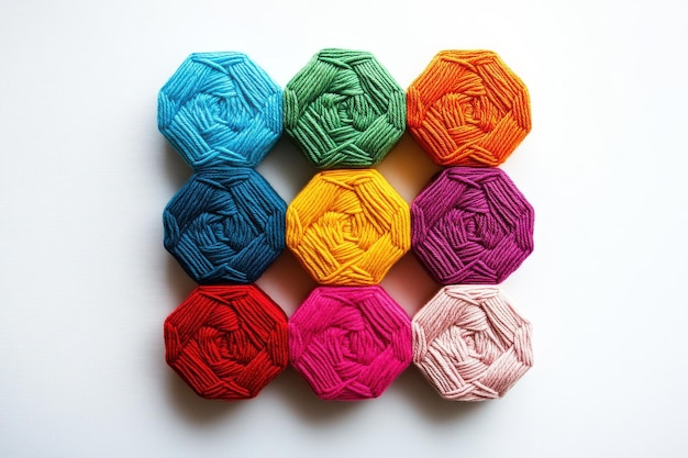 Photo colorful arrangement of yarn skeins in a geometric pattern on a bright background