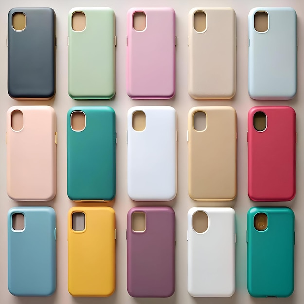 Photo a colorful array of 12 smartphone cases each showcasing a distinct and vibrant hue