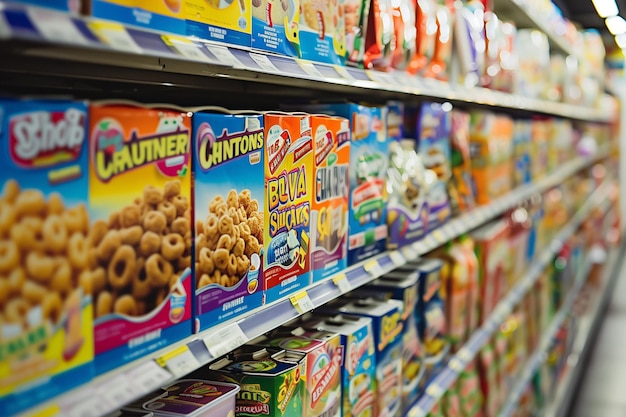 Colorful Array of Breakfast Cereals on Supermarket ShelvesxA