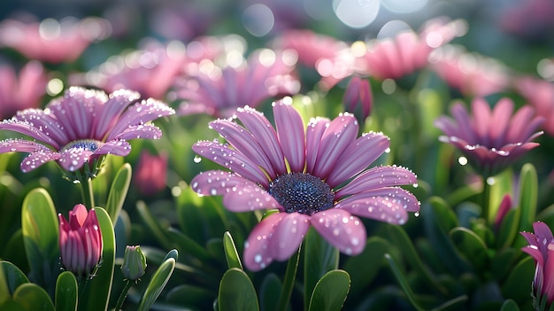 a colorful array of flowers including pink purple and pink and purple blooms are arranged in a row with water droplets on their petals