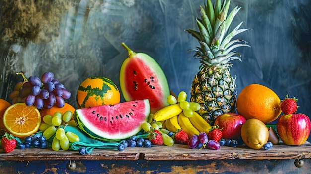 Photo a colorful array of fresh fruits including watermelon grapes oranges bananas and pineapples