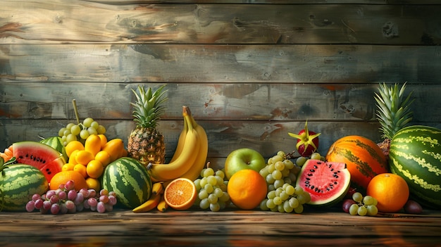 Photo a colorful array of fresh fruits including watermelon grapes oranges bananas and pineapples