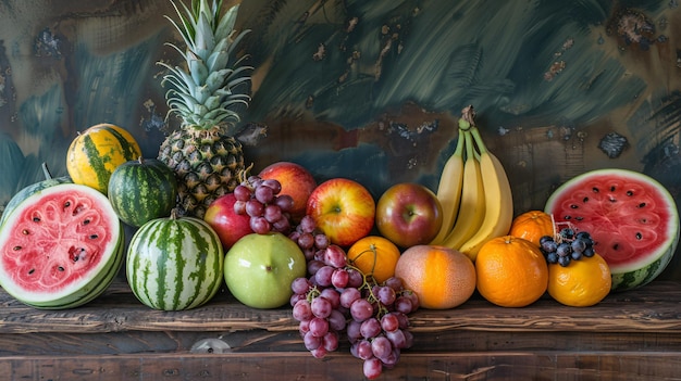 Photo a colorful array of fresh fruits including watermelon grapes oranges bananas and pineapples