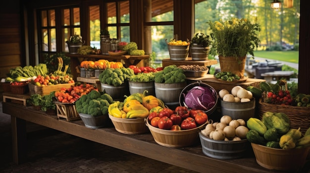 the colorful array of fresh fruits vegetables and greens on display at a bustling farmer's market The scene brims with the natural richness of locally sourced produce