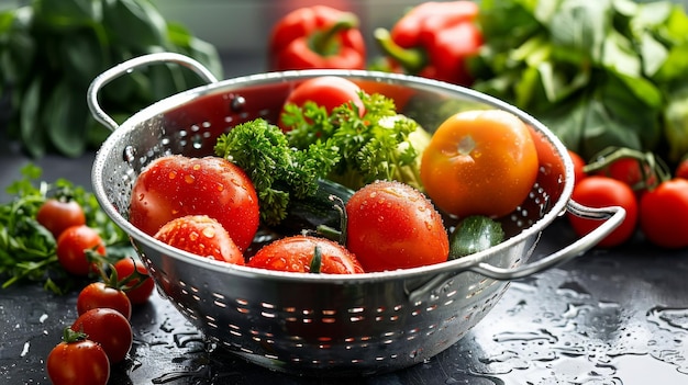 Colorful array of fresh vegetables in a colander splashed with refreshing water droplets