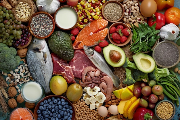 Colorful Array of Healthy Foods Including Fruits