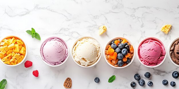 Photo a colorful array of ice cream cups featuring vibrant flavors and fresh toppings on a marble surface perfect for summer indulgence