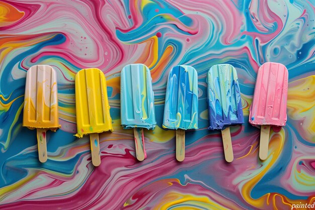 A colorful array of ice cream sticks are arranged on a colorful background