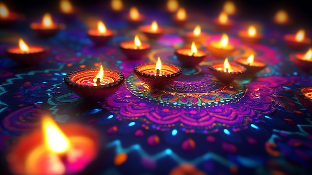 a colorful array of lit candles with a colorful background