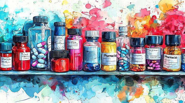 Photo colorful array of medication bottles and pills on a shelf in a pharmacy