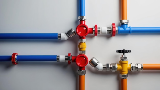 A colorful array of pipes and valves illustrating plumbing systems