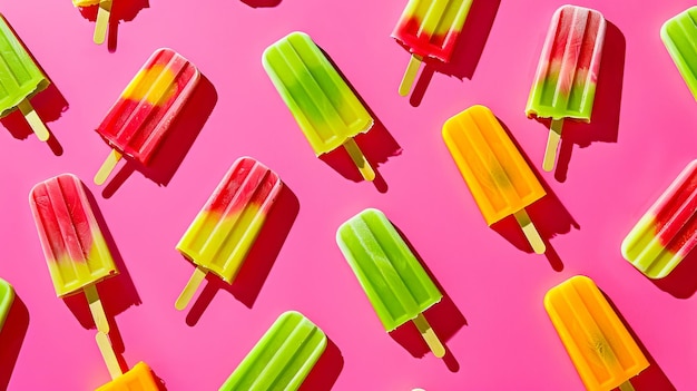 A colorful array of popsicles on a pink background