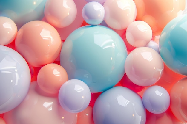 A colorful array of round objects including pink blue and white spheres