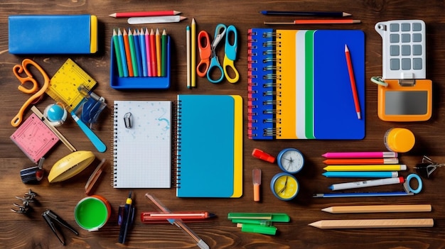 A colorful array of school supplies neatly organized on a desk representing the readiness and eager